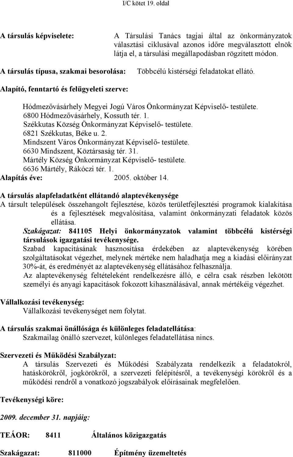 A társulás típusa, szakmai besorolása: Többcélú kistérségi feladatokat ellátó. Alapító, fenntartó és felügyeleti szerve: Hódmezővásárhely Megyei Jogú Város Önkormányzat Képviselő- testülete.