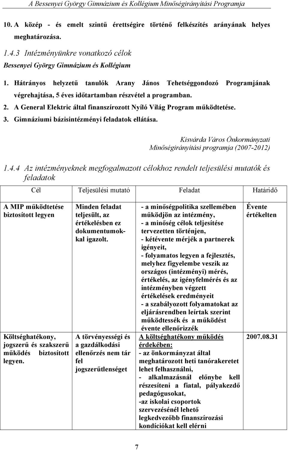 A General Elektric által finanszírozott Nyíló Világ Program működtetése. 3. Gimnáziumi bázisintézményi feladatok ellátása. Kisvárda Város Önkormányzati Minőségirányítási programja (2007-2012) 1.4.