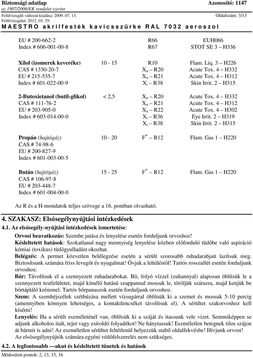 4 H332 CAS # 111-76-2 X n R21 Acute Tox. 4 H312 EU # 203-905-0 X n R22 Acute Tox. 4 H302 Index # 603-014-00-0 X i R36 Eye Irrit. 2 H319 X i R38 Skin Irrit. 2 H315 Propán (hajtógáz) 10-20 F + R12 Flam.