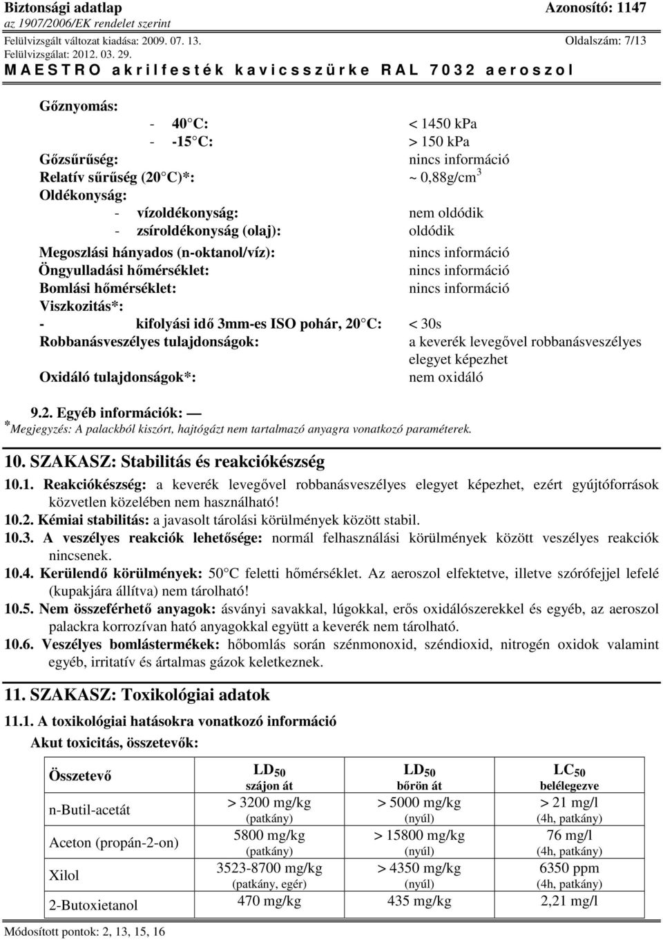 Megoszlási hányados (n-oktanol/víz): Öngyulladási hőmérséklet: Bomlási hőmérséklet: Viszkozitás*: - kifolyási idő 3mm-es ISO pohár, 20 C: < 30s Robbanásveszélyes tulajdonságok: a keverék levegővel