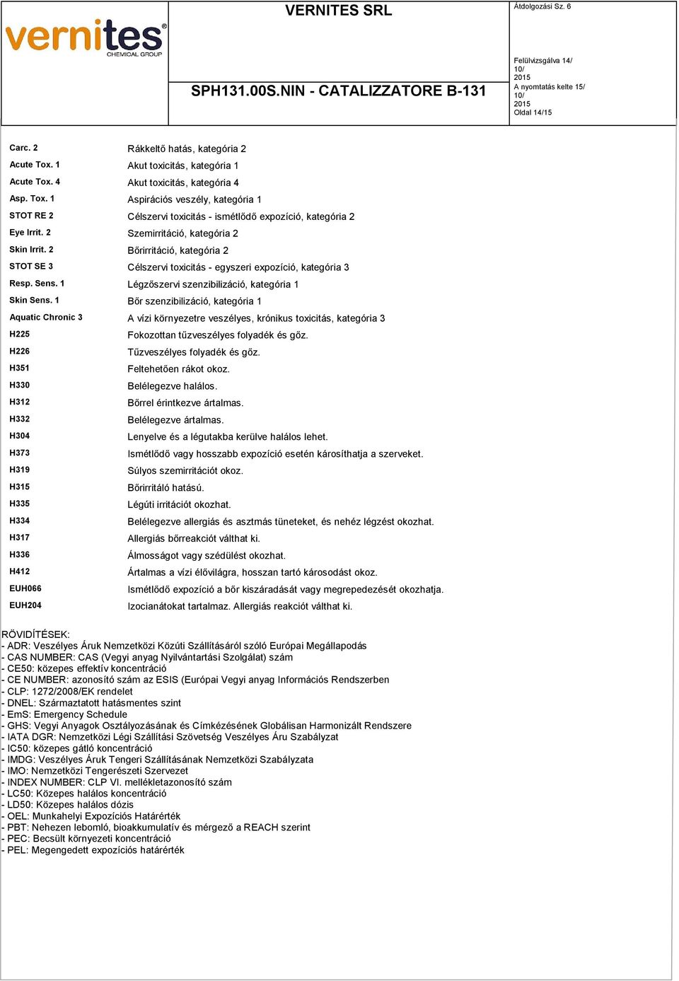 1 Bőr szenzibilizáció, kategória 1 Aquatic Chronic 3 A vízi környezetre veszélyes, krónikus toxicitás, kategória 3 H225 H226 H351 H330 H312 H332 H304 H373 H319 H315 H335 H334 H317 H336 H412 EUH066