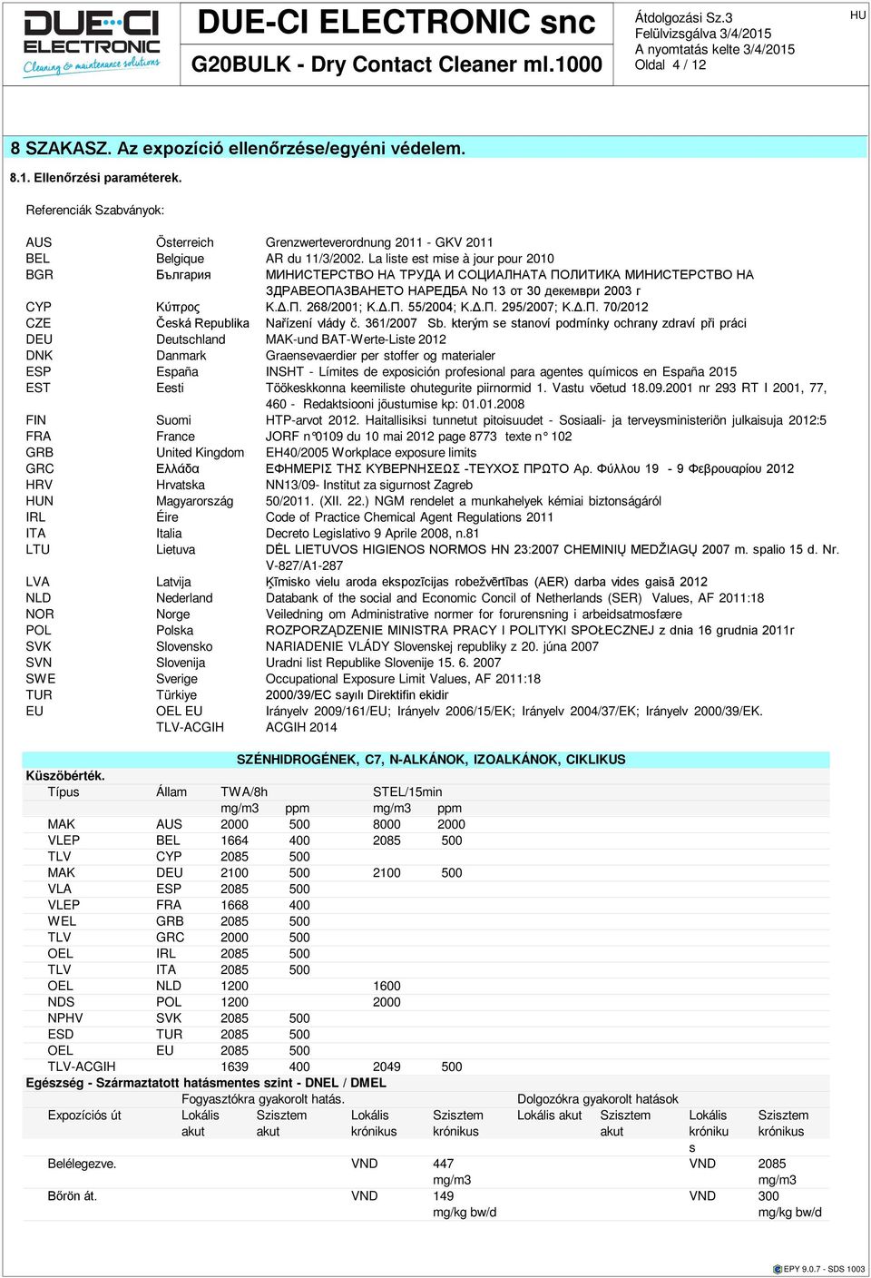 Δ.Π. 295/2007; Κ.Δ.Π. 70/2012 CZE Česká Republika Nařízení vlády č. 361/2007 Sb.