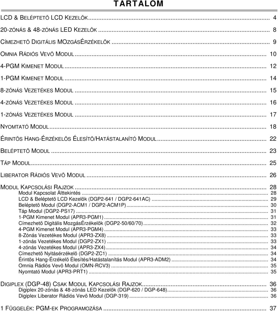 .. 23 TÁP MODUL... 25 LIBERATOR RÁDIÓS VEVÕ MODUL... 26 MODUL KAPCSOLÁSI RAJZOK... 28 Modul Kapcsolat Álttekintés... 28 LCD & Beléptetõ LCD Kezelõk (DGP2-641 / DGP2-641AC).