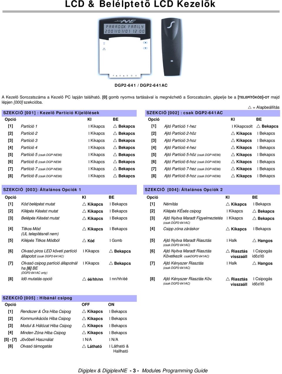 ! = Alapbeállítás SZEKCIÓ [001] : Kezelõ Partíció Kijelölések SZEKCIÓ [002] : csak DGP2-641AC Opció KI BE Opció KI BE [1] Partíció 1 l Kikapcs! Bekapcs [1] Ajtó Partíció 1-hez l Kikapcsolt!
