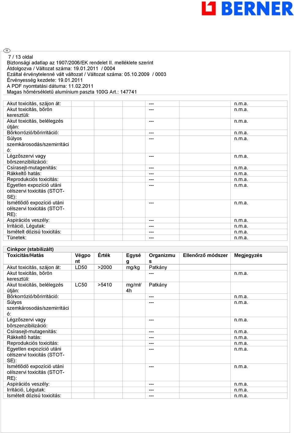 utáni --- célszervi toxicitás (STOT- RE): Aspirációs veszély: --- Irritáció, Légutak: --- Ismételt dózisú toxicitás: --- Tünetek: --- Cinkpor (stabilizált) Toxicitás/Hatás Végpo Érték Egysé Organizmu