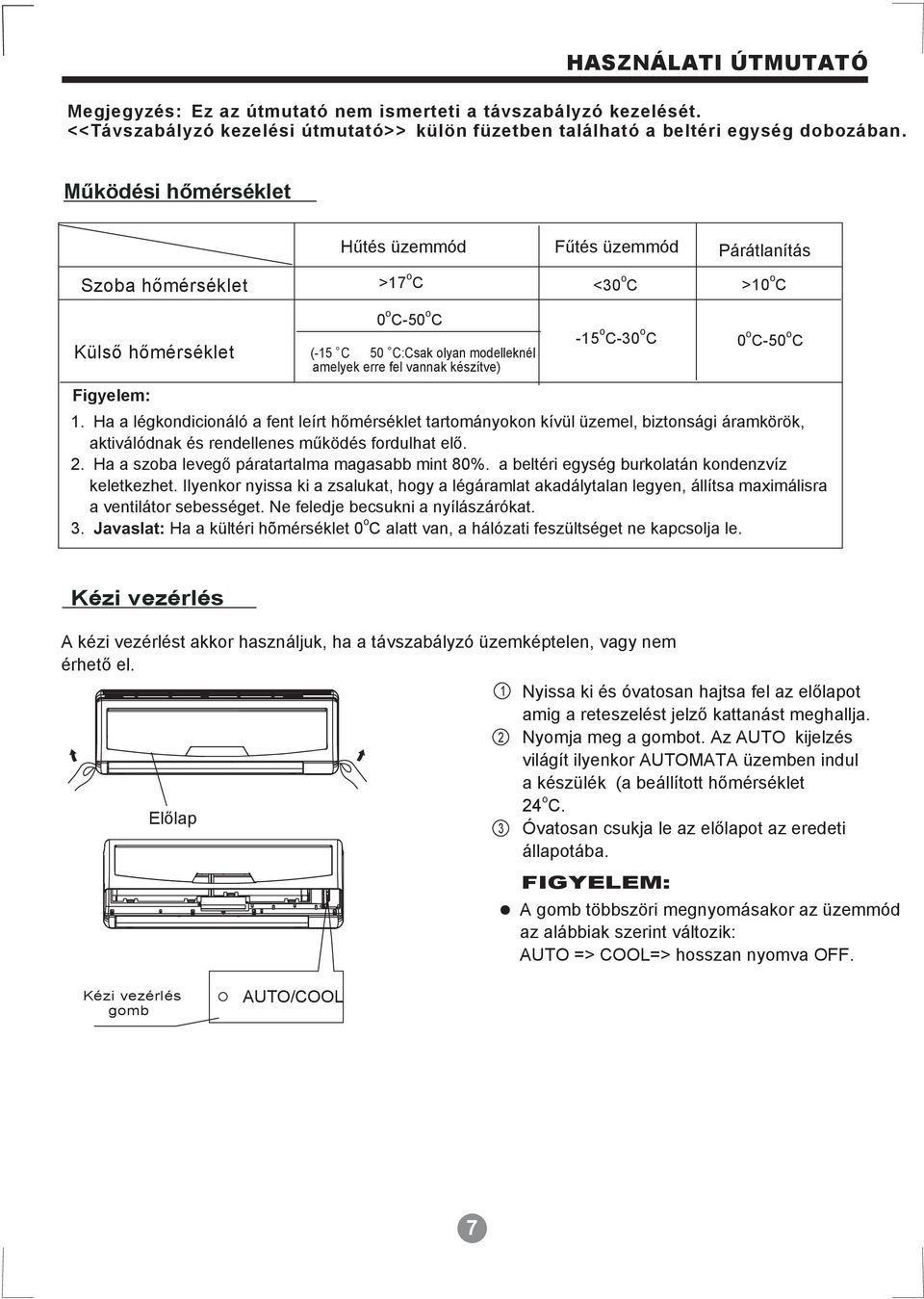 -15 o C-3 o C o C-5 o C 1. Ha a légkondicionáló a fent leírt hőmérséklet tartományokon kívül üzemel, biztonsági áramkörök, aktiválódnak és rendellenes működés fordulhat elő. 2.