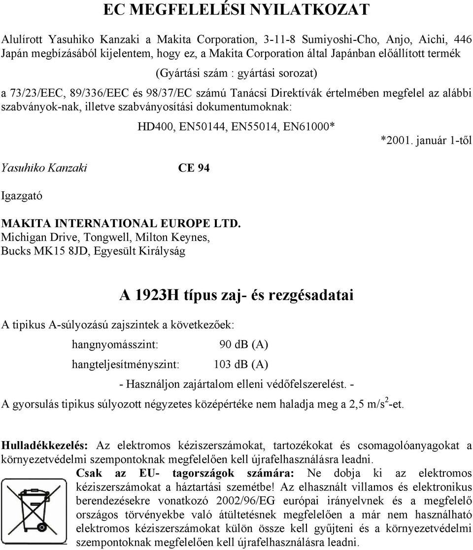 dokumentumoknak: HD400, EN50144, EN55014, EN61000* *2001. január 1-től Yasuhiko Kanzaki CE 94 Igazgató MAKITA INTERNATIONAL EUROPE LTD.