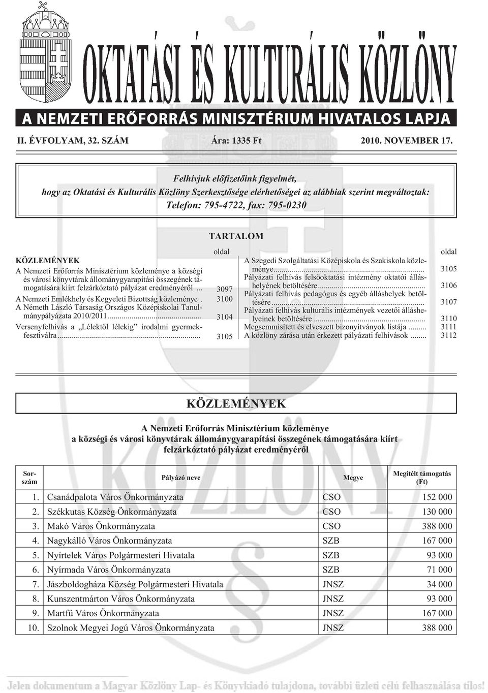 Erõforrás Minisztérium közleménye a községi és városi könyvtárak állománygyarapítási összegének támogatására kiírt felzárkóztató pályázat eredményérõl.