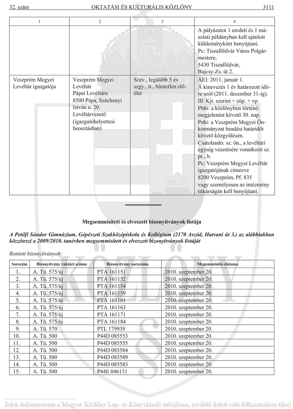 Pbhi: a közlönyben történõ megjelenést követõ 30. nap. Pehi: a Veszprém Megyei Önkormányzat beadási határidõt követõ közgyûlésén. Csatolandó: sz. ön., a levéltári egység vezetésére vonatkozó sz. pr.