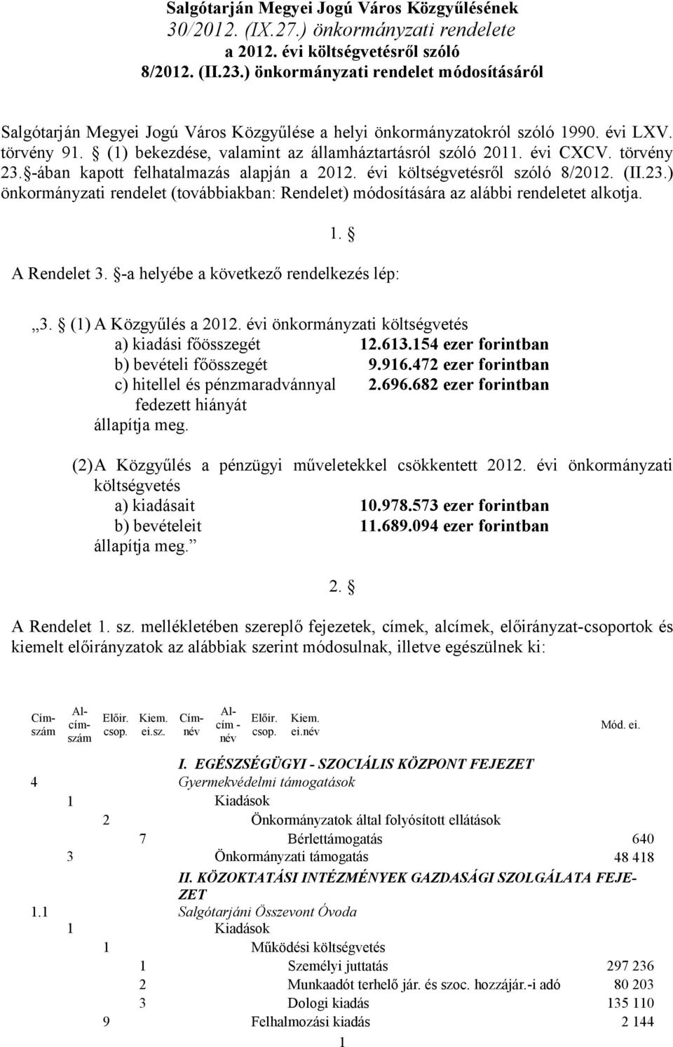 évi CXCV. törvény 23. -ában kapott felhatalmazás alapján a 2012. évi költségvetésről szóló 8/2012. (II.23.) önkormányzati rendelet (továbbiakban: Rendelet) módosítására az alábbi rendeletet alkotja.