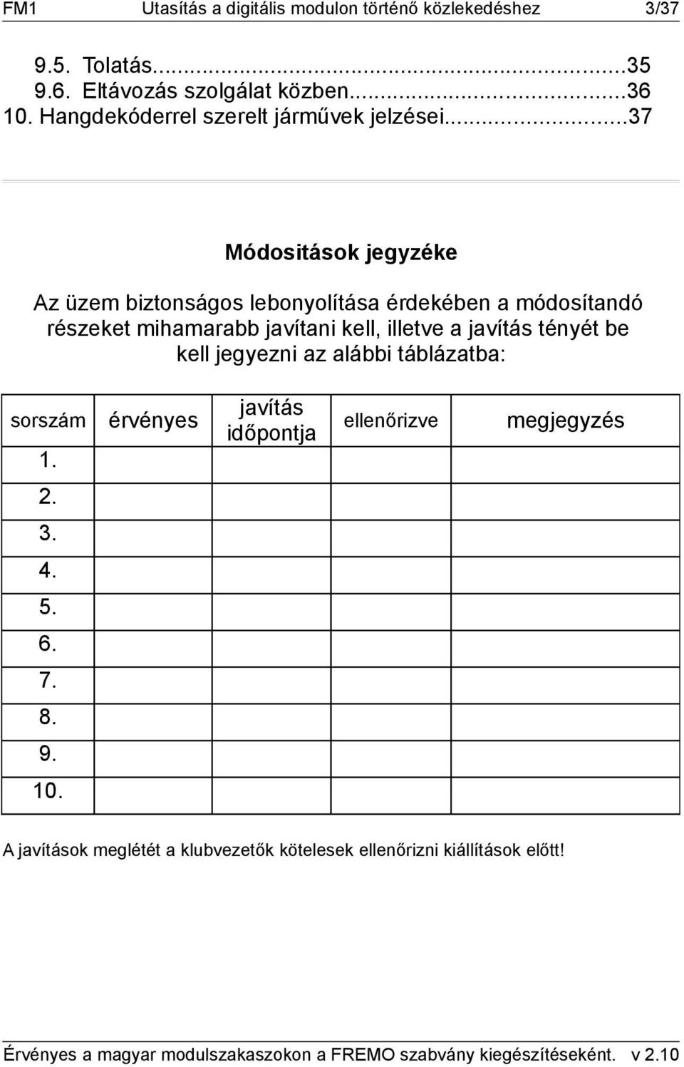 ..37 Módositások jegyzéke Az üzem biztonságos lebonyolítása érdekében a módosítandó részeket mihamarabb javítani kell, illetve