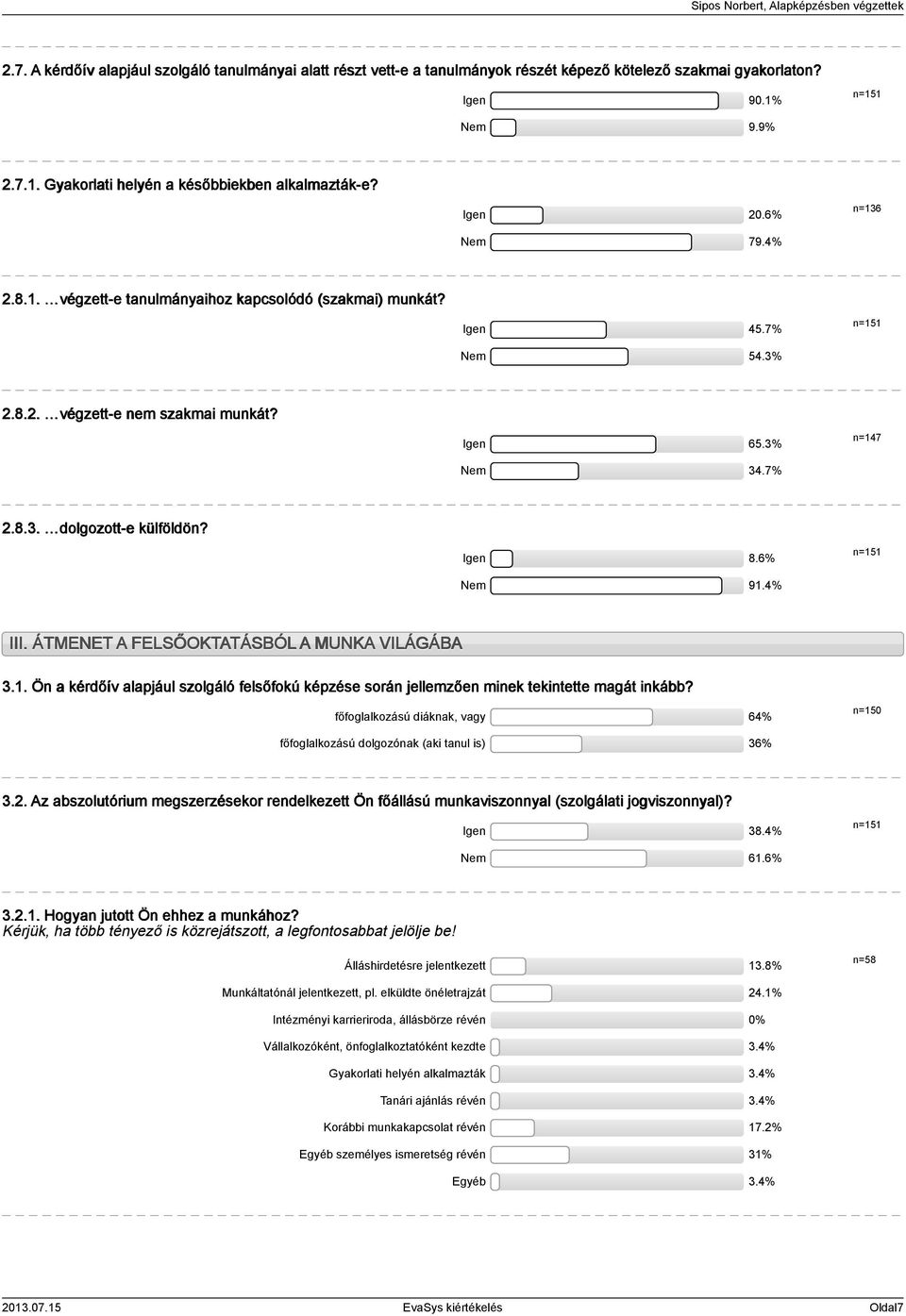 % n= III. ÁTMENET A FELSŐOKTATÁSBÓL A MUNKA VILÁGÁBA.. Ön a kérdőív alapjául szolgáló felsőfokú képzése során jellemzően minek tekintette magát inkább?