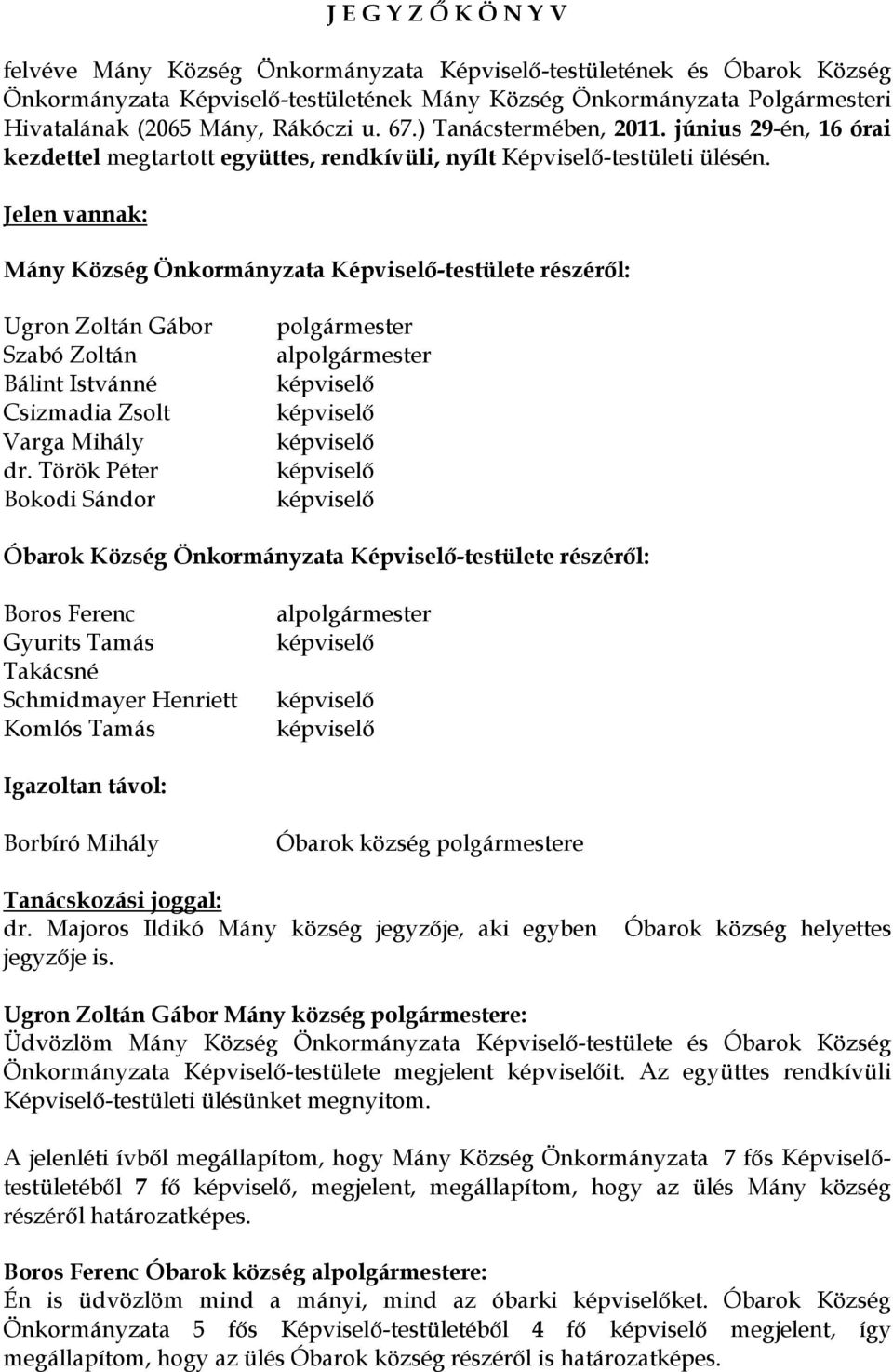 Jelen vannak: Mány Község Önkormányzata Képviselő-testülete részéről: Ugron Zoltán Gábor Szabó Zoltán Bálint Istvánné Csizmadia Zsolt Varga Mihály dr.