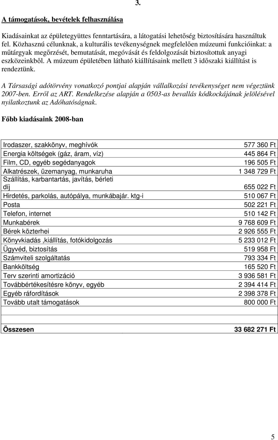 A múzeum épületében látható kiállításaink mellett 3 időszaki kiállítást is rendeztünk. A Társasági adótörvény vonatkozó pontjai alapján vállalkozási tevékenységet nem végeztünk 2007-ben. Erről az ART.