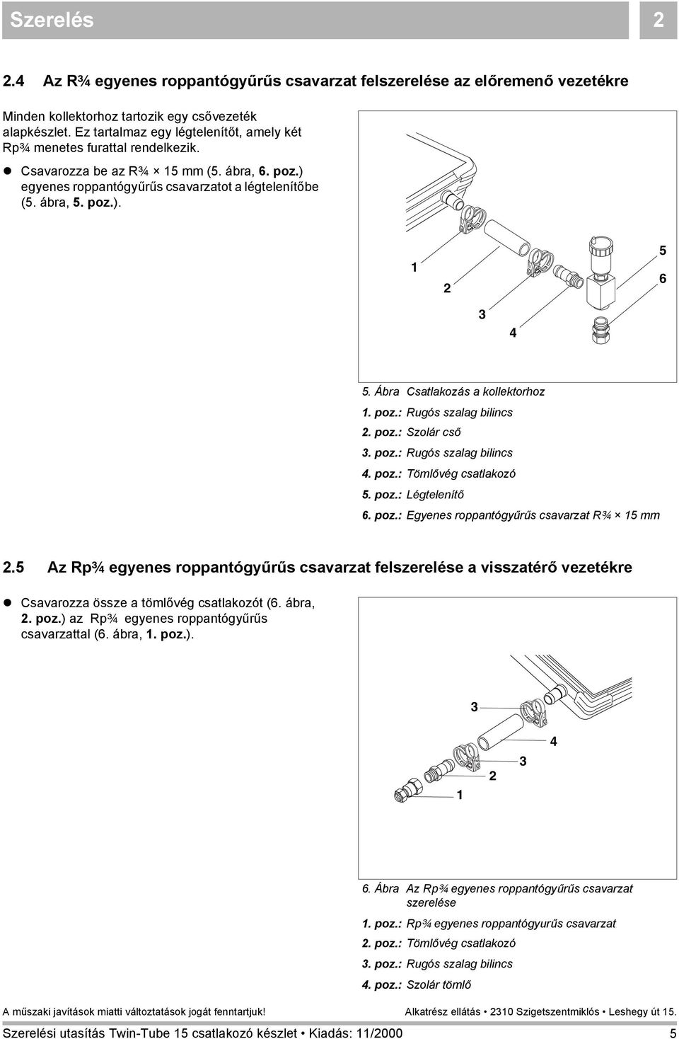 Ábra Csatlakozás a kollektorhoz. poz.: Rugós szalag bilincs. poz.: Szolár cső. poz.: Rugós szalag bilincs 4. poz.: Tömlővég csatlakozó 5. poz.: Légtelenítő 6. poz.: Egyenes roppantógyűrűs csavarzat R¾ 5 mm.