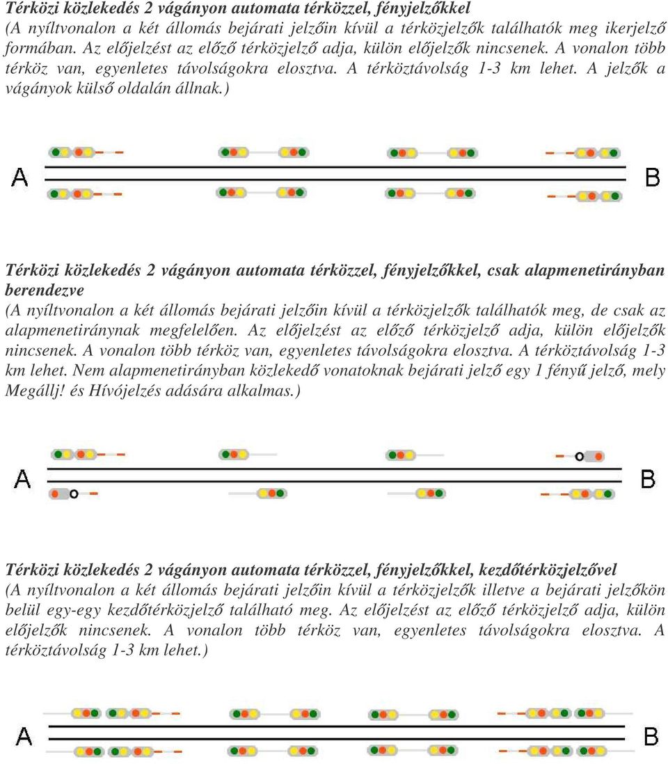 ) Térközi közlekedés 2 vágányon automata térközzel, fényjelz kkel, csak alapmenetirányban berendezve (A nyíltvonalon a két állomás bejárati jelz in kívül a térközjelz k találhatók meg, de csak az