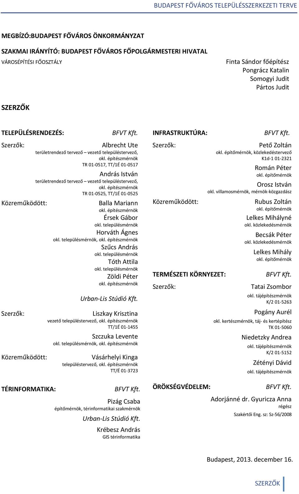 építészmérnök TR 01 0517, TT/1É 01 0517 András István területrendező tervező vezető településtervező, okl. építészmérnök TR 01 0525, TT/1É 01 0525 Balla Mariann okl. építészmérnök Érsek Gábor okl.