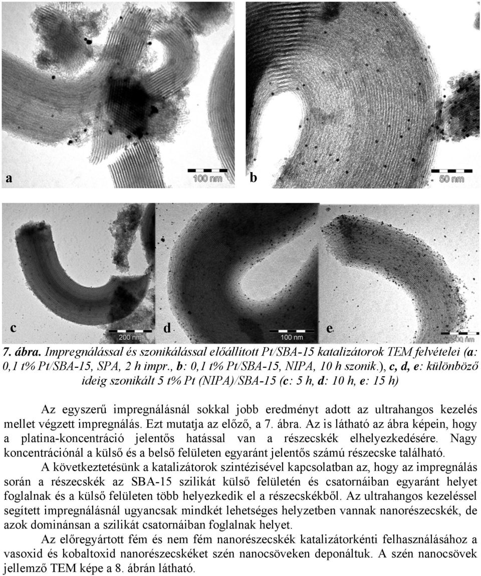 Ezt mutatja az előző, a 7. ábra. Az is látható az ábra képein, hogy a platina-koncentráció jelentős hatással van a részecskék elhelyezkedésére.