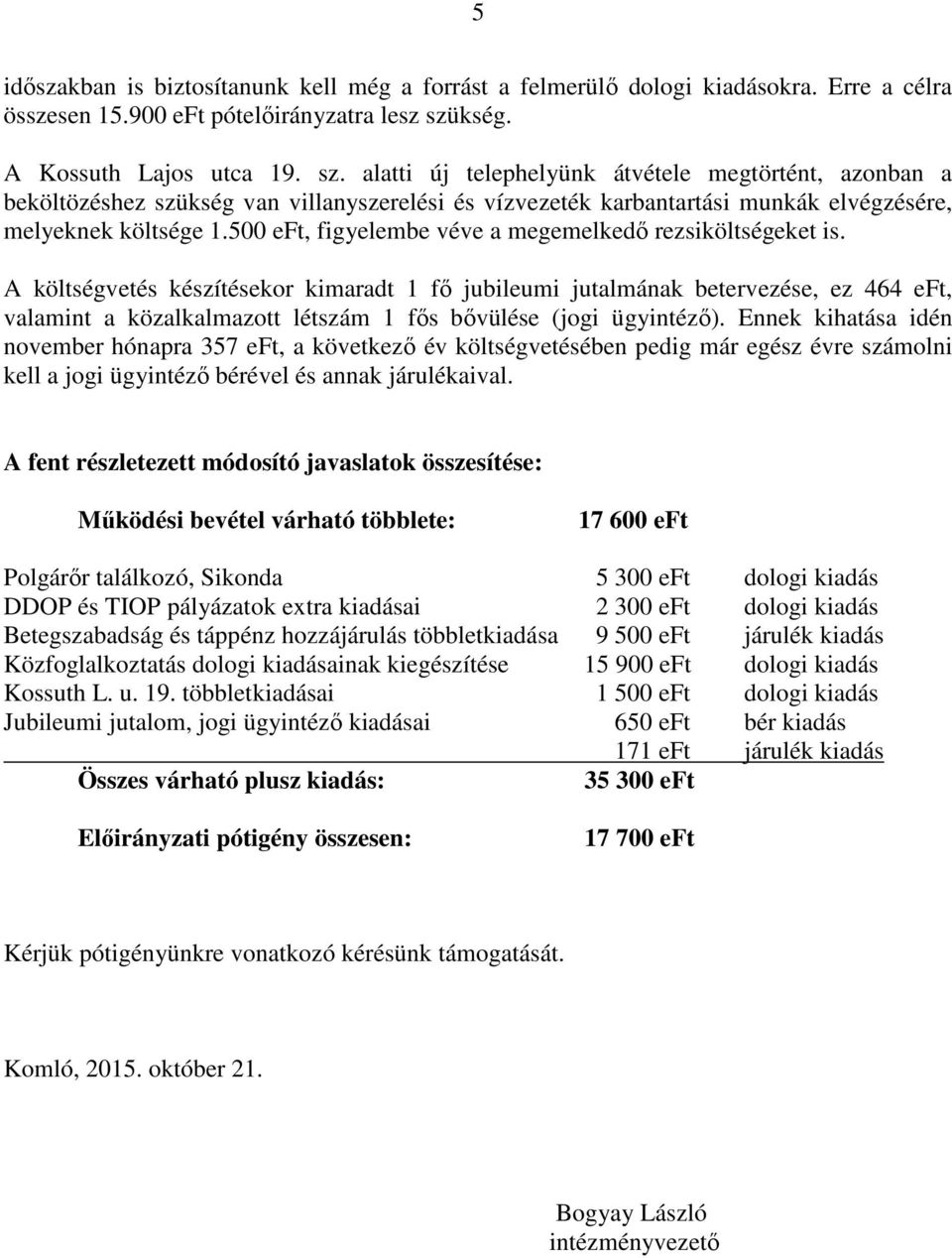 alatti új telephelyünk átvétele megtörtént, azonban a beköltözéshez szükség van villanyszerelési és vízvezeték karbantartási munkák elvégzésére, melyeknek költsége 1.