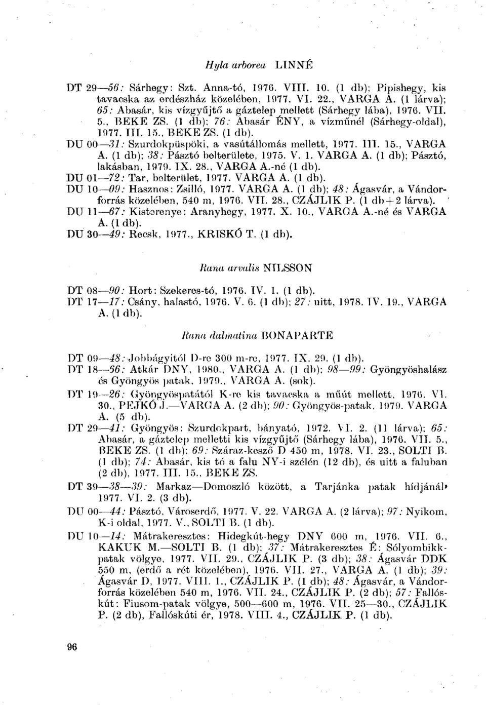 II 15., VARGA A. (1 db); 38: Pásztó belterülete, 1975. 1. VARGA A. (1 db); Pásztó, lakásban, 1979. I 28., VARGA A.-né (1 db). DU 01 72; Tar, belterület, 1977. VARGA A. (1 db). DU 10 09: Hasznos: Zsilló, 1977.