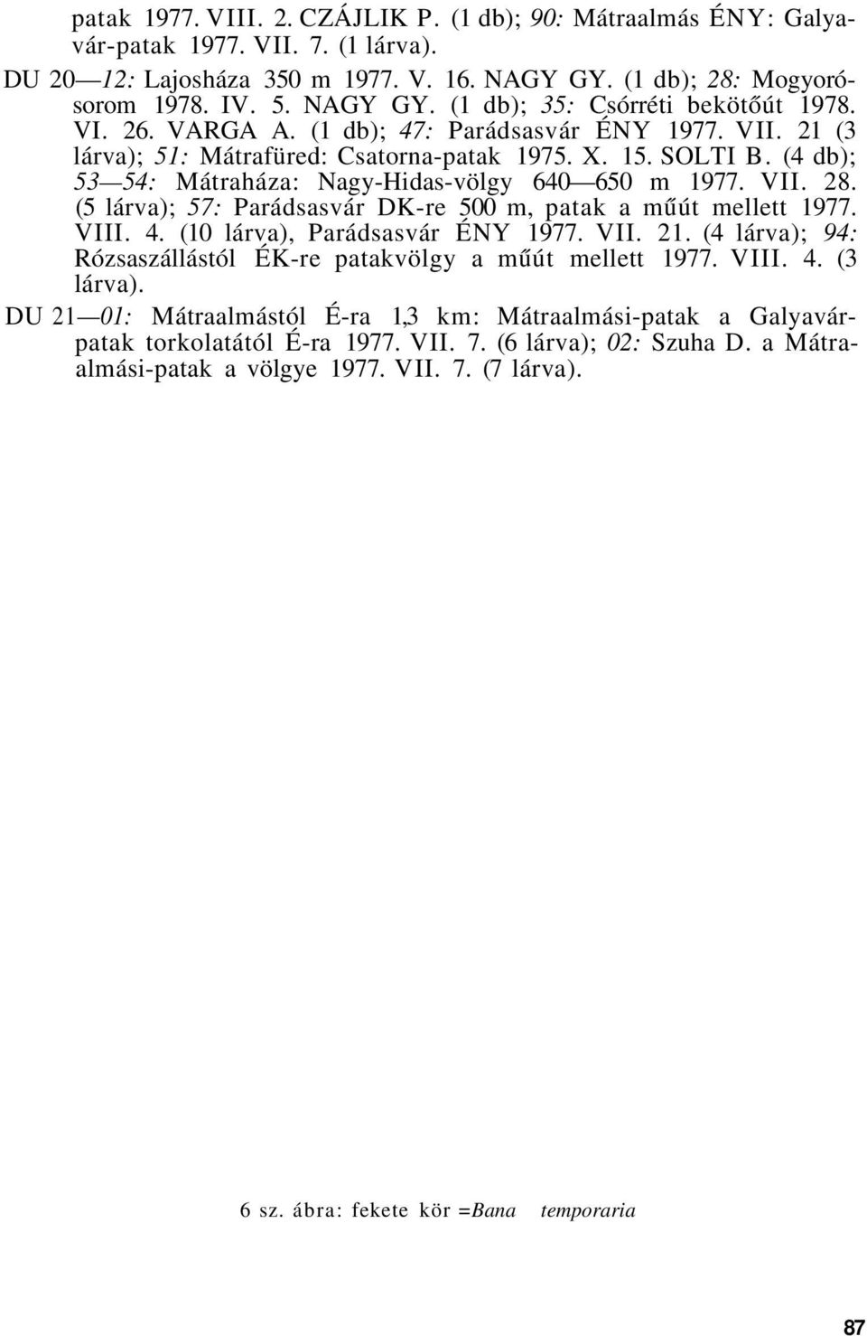 (5 lárva); 57: Parádsasvár DK-re 500 m, patak a műút mellett 1977. 4. (10 lárva), Parádsasvár ÉNY 1977. VI 21. (4 lárva); 94: Rózsaszállástól ÉK-re patakvölgy a műút mellett 1977. 4. (3 lárva).