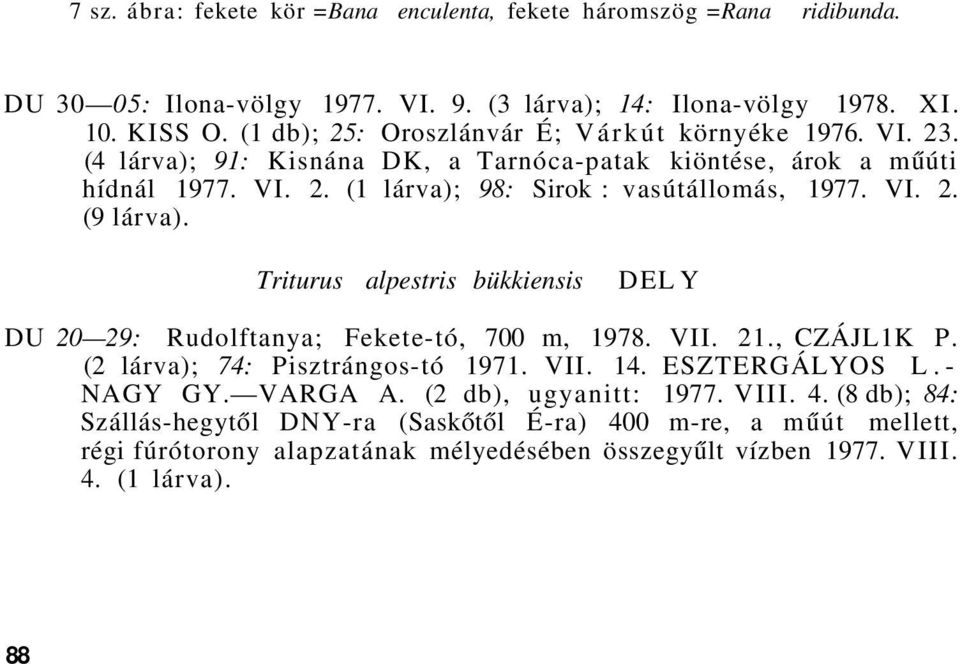 2. (9 lárva). Triturus alpestris bükkiensis DEL Y DU 20 29: Rudolftanya; Fekete-tó, 700 m, 1978. VI 21., CZÁJL1K P. (2 lárva); 74: Pisztrángos-tó 1971. VI 14. ESZTERGÁLYOS L.