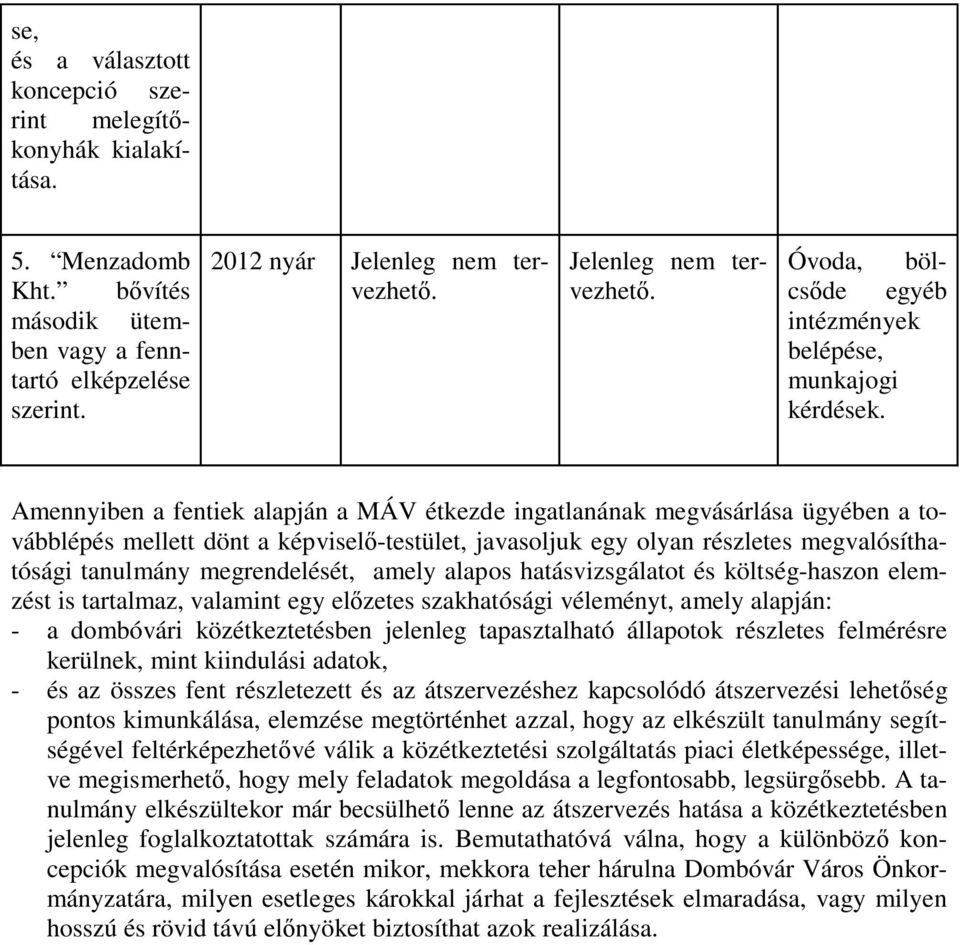 Amennyiben a fentiek alapján a MÁV étkezde ingatlanának megvásárlása ügyében a továbblépés mellett dönt a képviselő-testület, javasoljuk egy olyan részletes megvalósíthatósági tanulmány