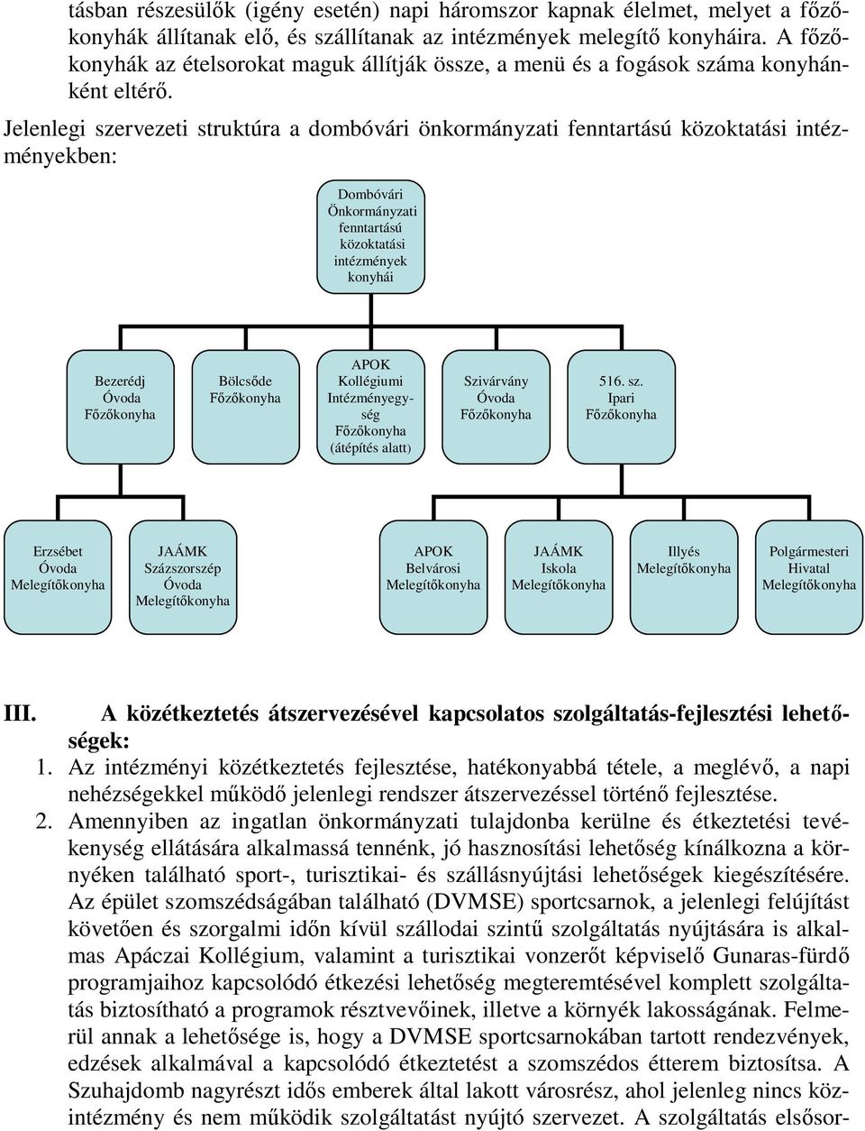 Jelenlegi szervezeti struktúra a dombóvári önkormányzati fenntartású közoktatási intézményekben: Dombóvári Önkormányzati fenntartású közoktatási intézmények konyhái Bezerédj Óvoda Főzőkonyha Bölcsőde