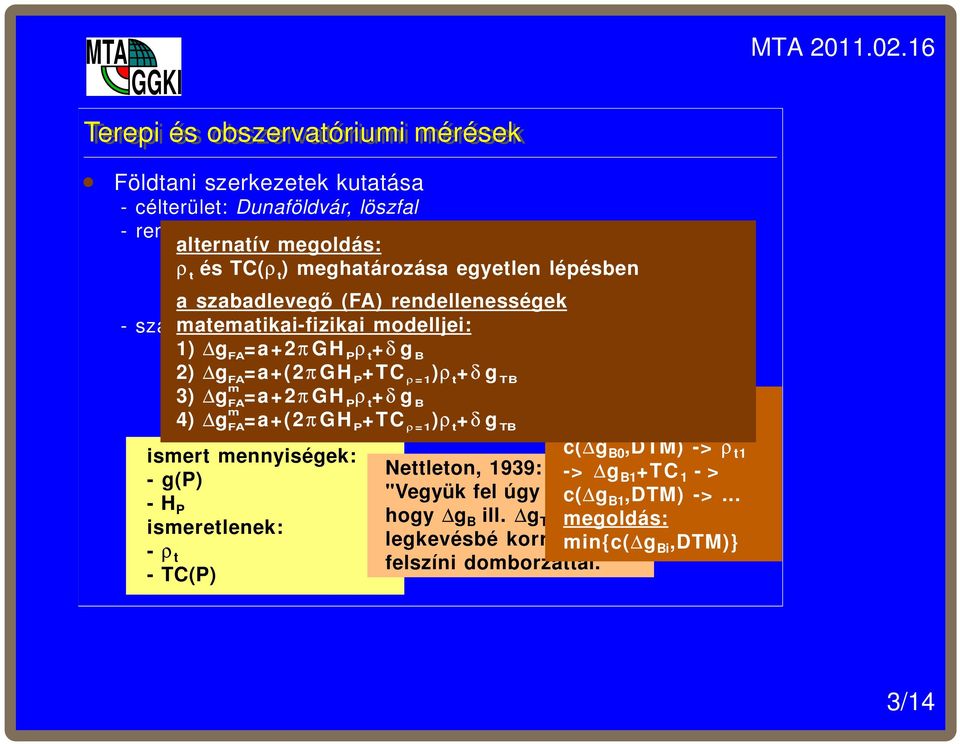 matematikai-fizikai erőtér paraméterek: modelljei: szabadlevegő 1) g FA =a+2πrendellenességek GH P ρ t +δ g B ( g(p)=g(p)-γ(p")+0.