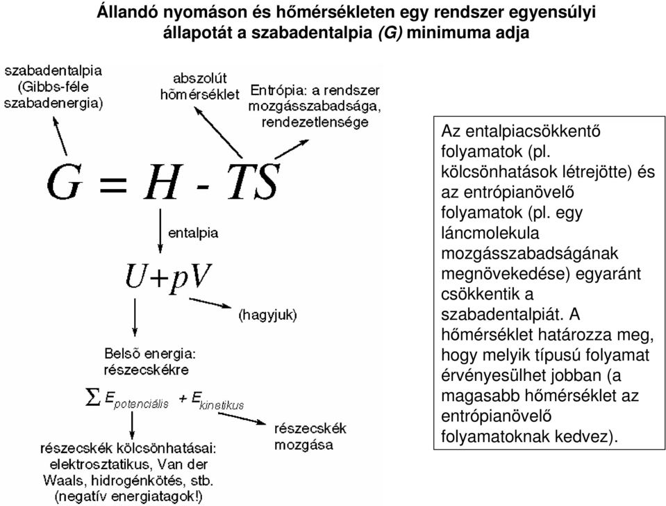 egy láncmolekula mozgásszabadságának megnövekedése) egyaránt csökkentik a szabadentalpiát.