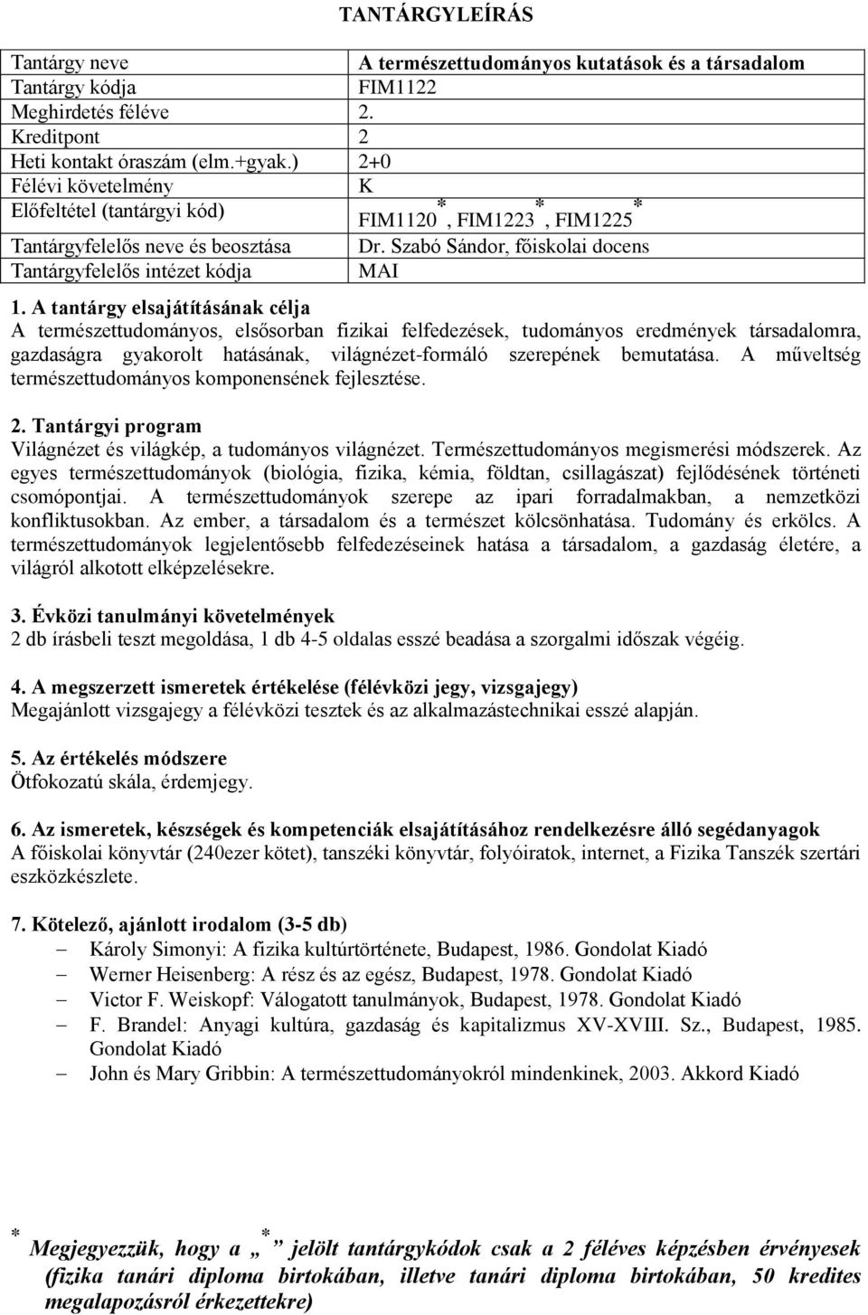 Szabó Sándor, főiskolai docens Tantárgyfelelős intézet kódja MAI A természettudományos, elsősorban fizikai felfedezések, tudományos eredmények társadalomra, gazdaságra gyakorolt hatásának,