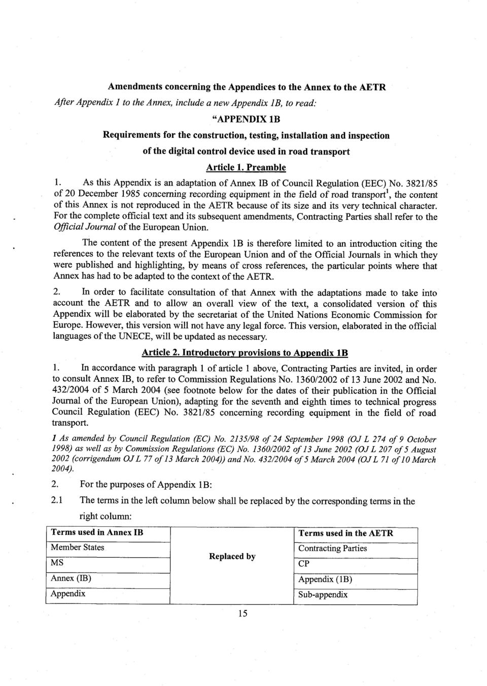 3821/8 5 of 20 December 1985 concerning recording equipment in the field of road transport j, the content of this Annex is not reproduced in the AETR because of its size and its very technical