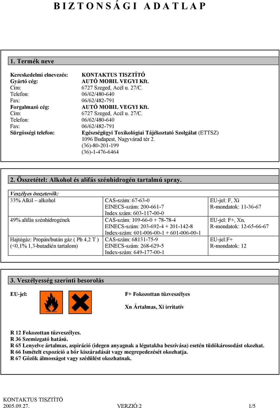 (36)-80-201-199 (36)-1-476-6464 2. Összetétel: Alkohol és alifás szénhidrogén tartalmú spray.