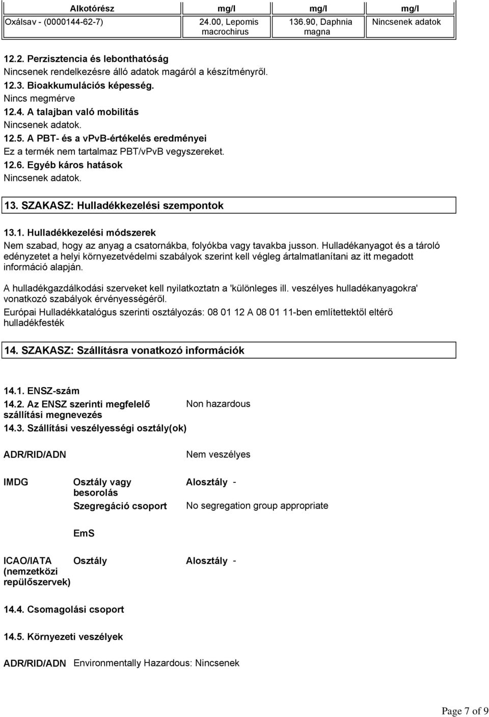 SZAKASZ: Hulladékkezelési szempontok 13.1. Hulladékkezelési módszerek Nem szabad, hogy az anyag a csatornákba, folyókba vagy tavakba jusson.