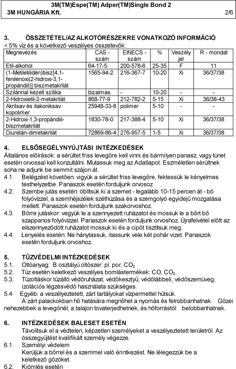 (1-Metiletilidén)bisz[4,1-1565-94-2 216-367-7 10-20 Xi 36/37/38 fenilénoxi(2-hidroxi-3,1- propándiil)] biszmetakrilát Szilánnal kezelt szilika bizalmas - 10-20 - - 2-Hidroxietil-2-metakrilát 868-77-9