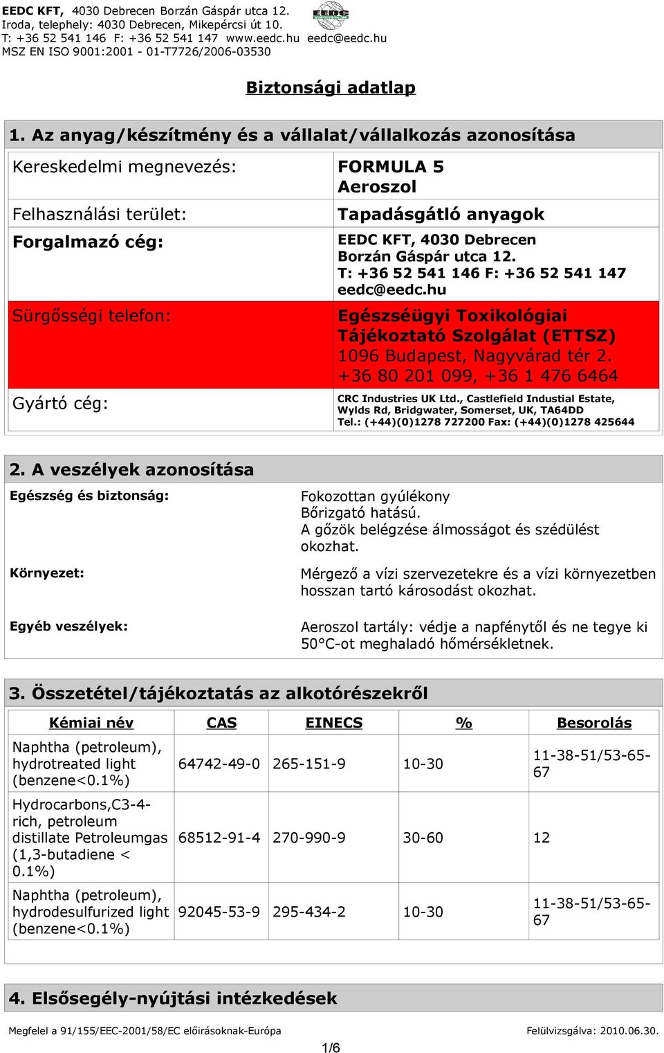 KFT, 4030 Debrecen Borzán Gáspár utca 12. T: +36 52 541 146 F: +36 52 541 147 eedc@eedc.hu Egészséügyi Toxikológiai Tájékoztató Szolgálat (ETTSZ) 1096 Budapest, Nagyvárad tér 2.