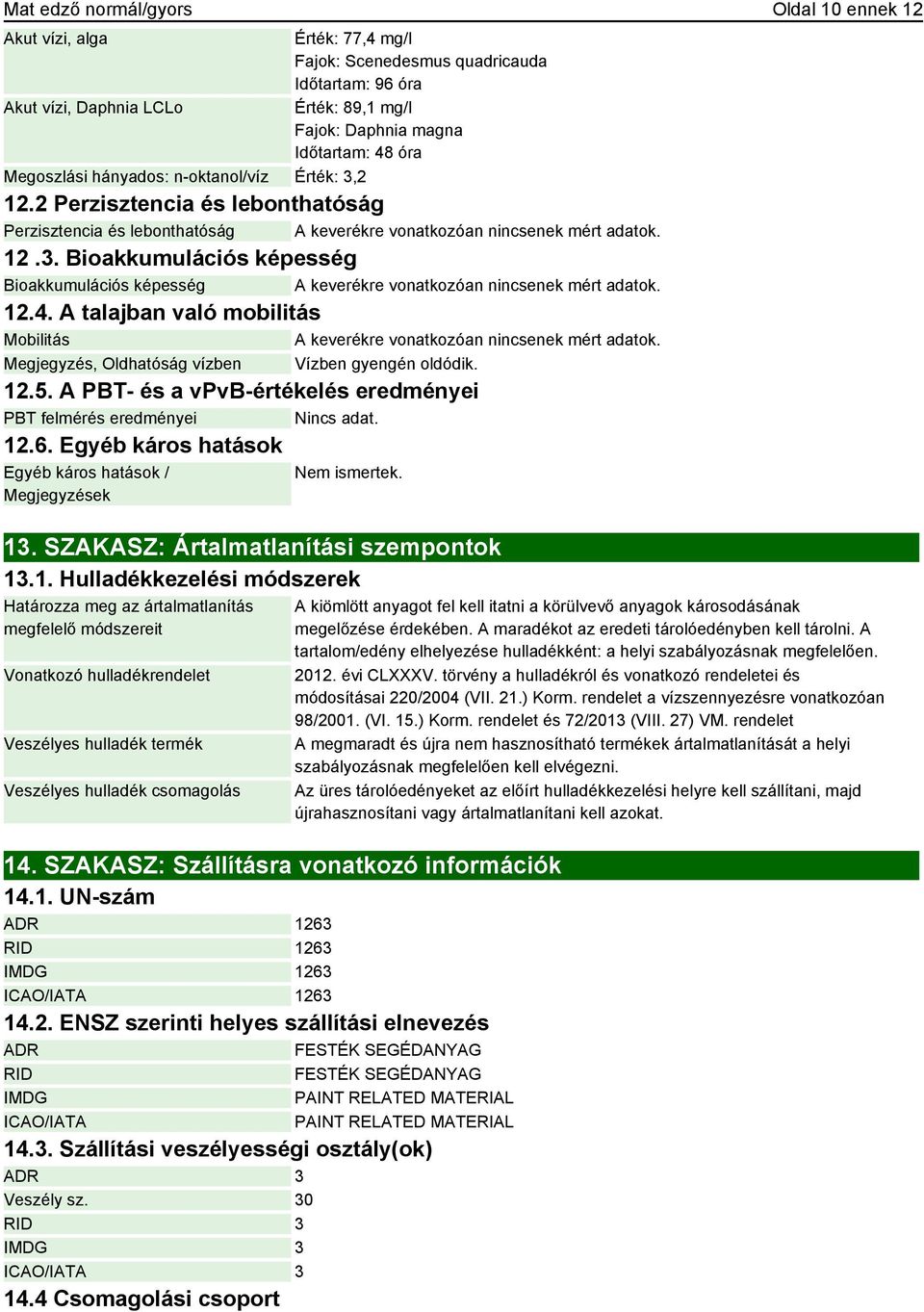 12.4. A talajban való mobilitás Mobilitás A keverékre vonatkozóan nincsenek mért adatok. Megjegyzés, Oldhatóság vízben Vízben gyengén oldódik. 12.5.