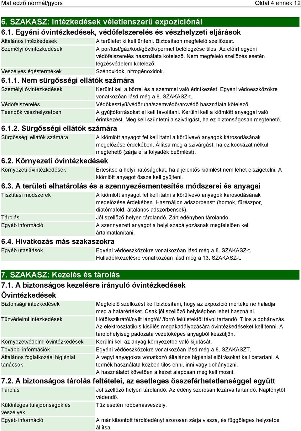 Sürgősségi ellátók számára Sürgősségi ellátók számára 6.2. Környezeti óvintézkedések Környezeti óvintézkedések A por/füst/gáz/köd/gőzök/permet belélegzése tilos.