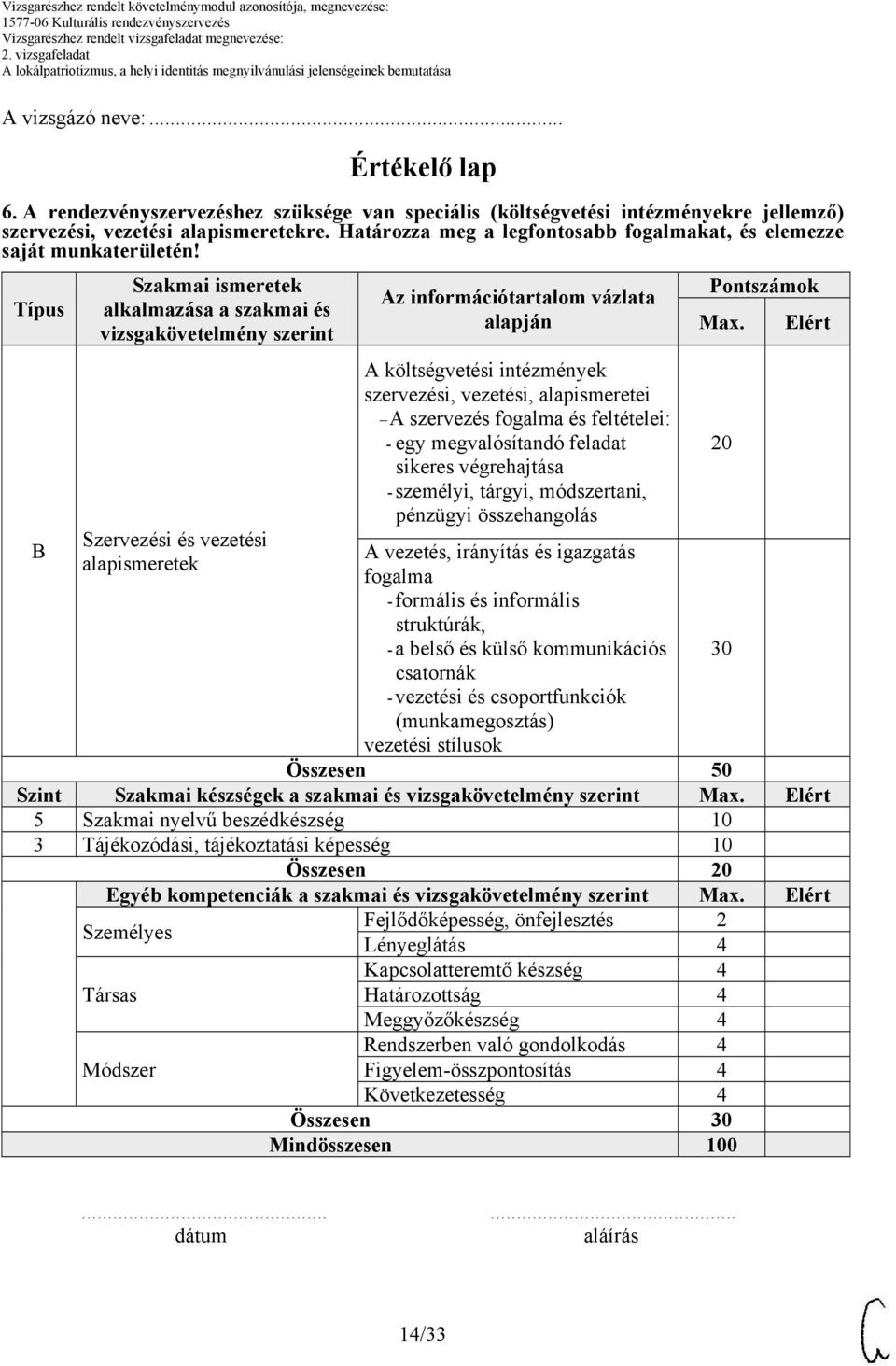 Típus B Szakmai ismeretek alkalmazása a szakmai és vizsgakövetelmény szerint Szervezési és vezetési alapismeretek z információtartalom vázlata alapján költségvetési intézmények szervezési, vezetési,