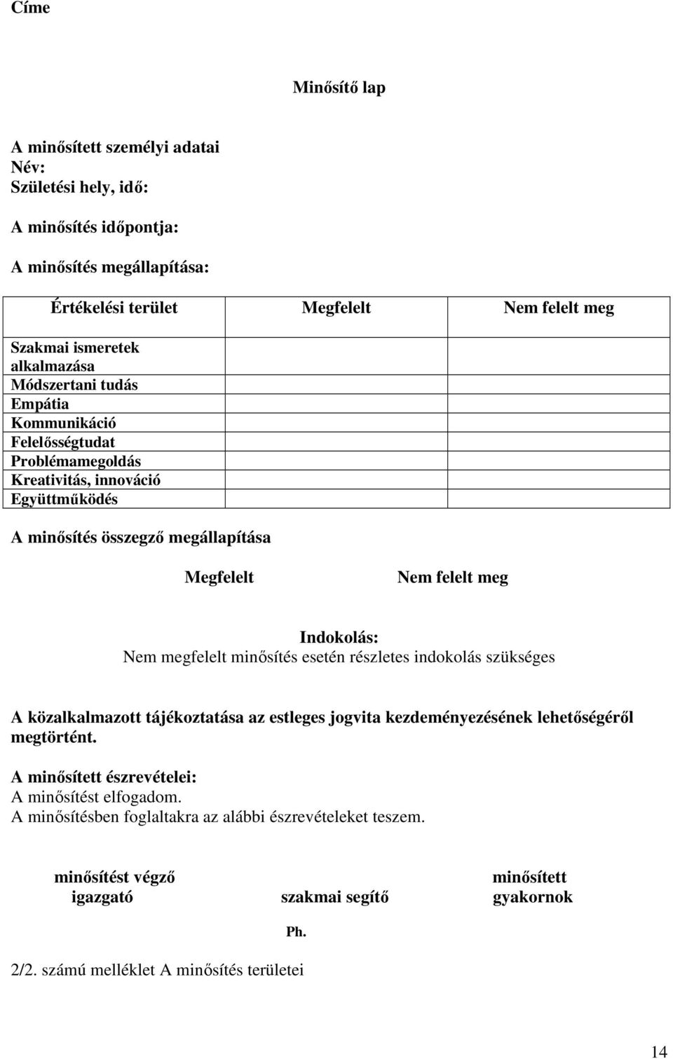 Indokolás: Nem megfelelt minısítés esetén részletes indokolás szükséges A közalkalmazott tájékoztatása az estleges jogvita kezdeményezésének lehetıségérıl megtörtént.