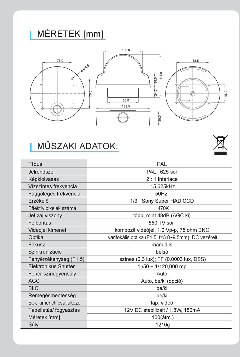 Fényérzékenység (F1.5) Elektronikus Shutter Fehér színegyensúly AGC BLC Remegésmentesség Be-, kimeneti csatlakozó Tápellátás/ fogyasztás Méretek [mm] Súly PAL PAL : 625 sor 2 : 1 Interlace 15.