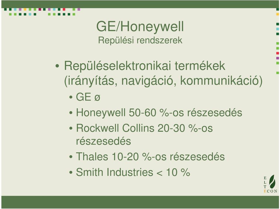 50-60 %-os részesedés Rockwell Collins 20-30 %-os