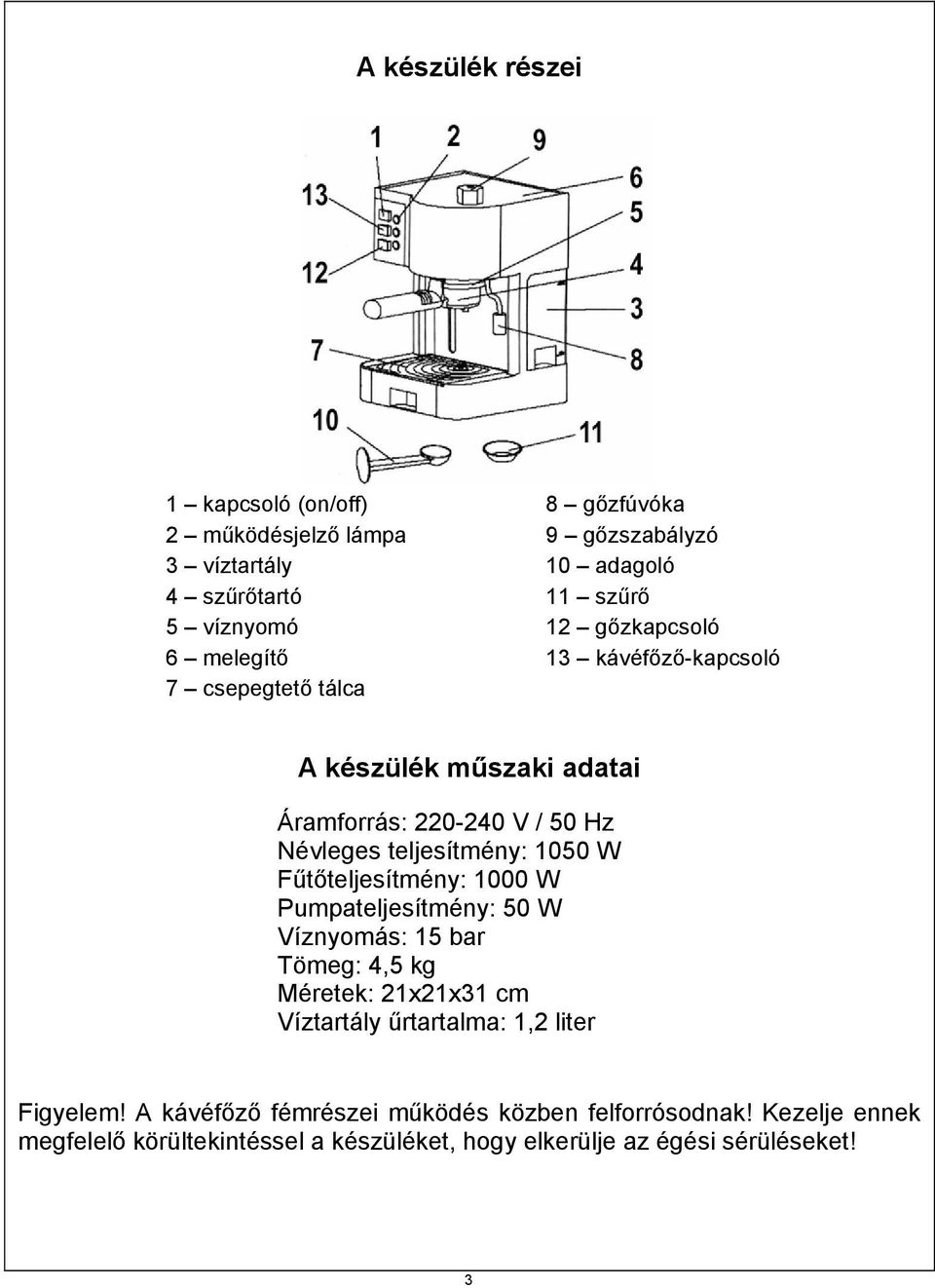 W Fűtőteljesítmény: 1000 W Pumpateljesítmény: 50 W Víznyomás: 15 bar Tömeg: 4,5 kg Méretek: 21x21x31 cm Víztartály űrtartalma: 1,2 liter Figyelem!