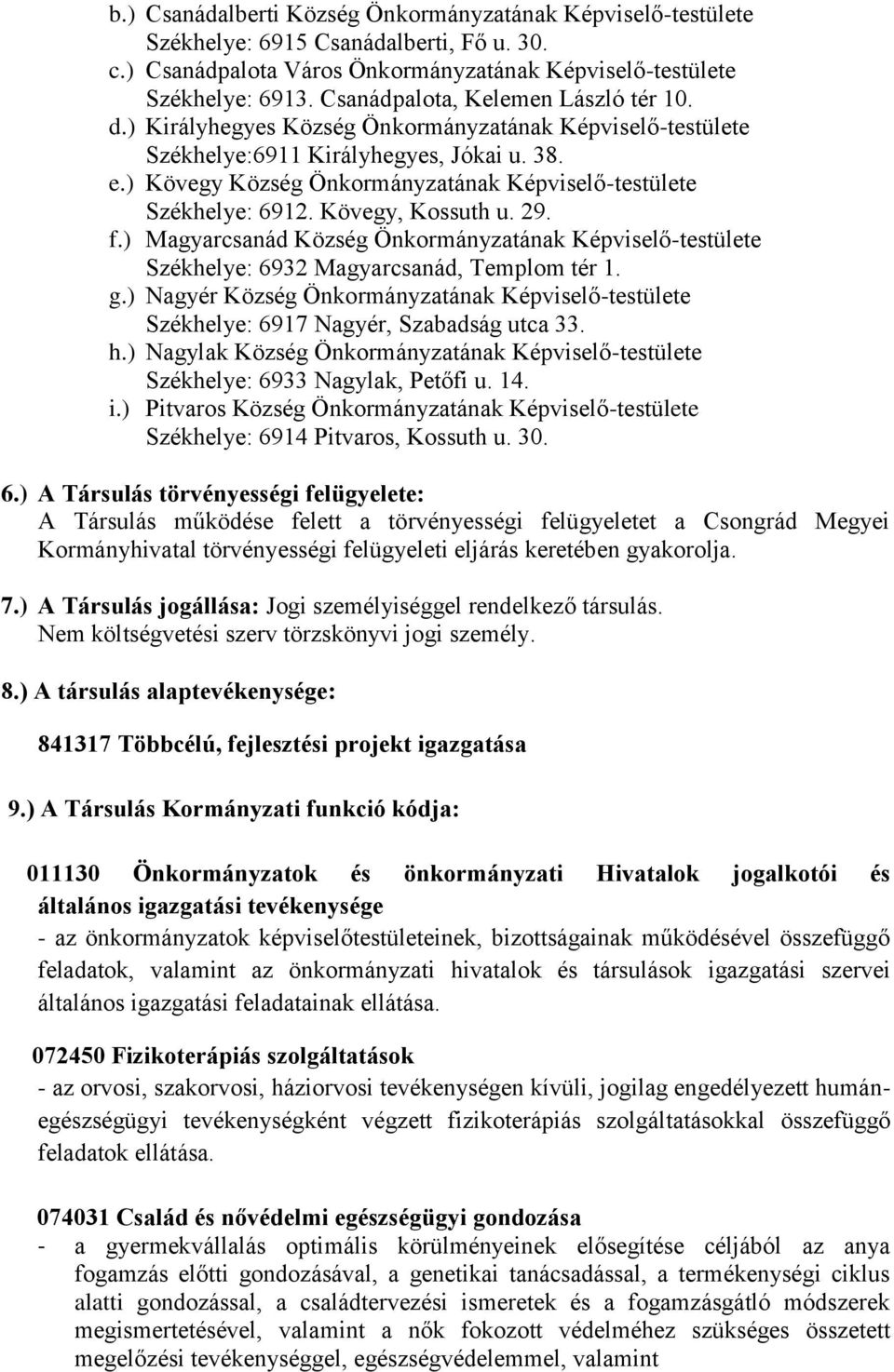 ) Kövegy Község Önkormányzatának Képviselő-testülete Székhelye: 6912. Kövegy, Kossuth u. 29. f.) Magyarcsanád Község Önkormányzatának Képviselő-testülete Székhelye: 6932 Magyarcsanád, Templom tér 1.