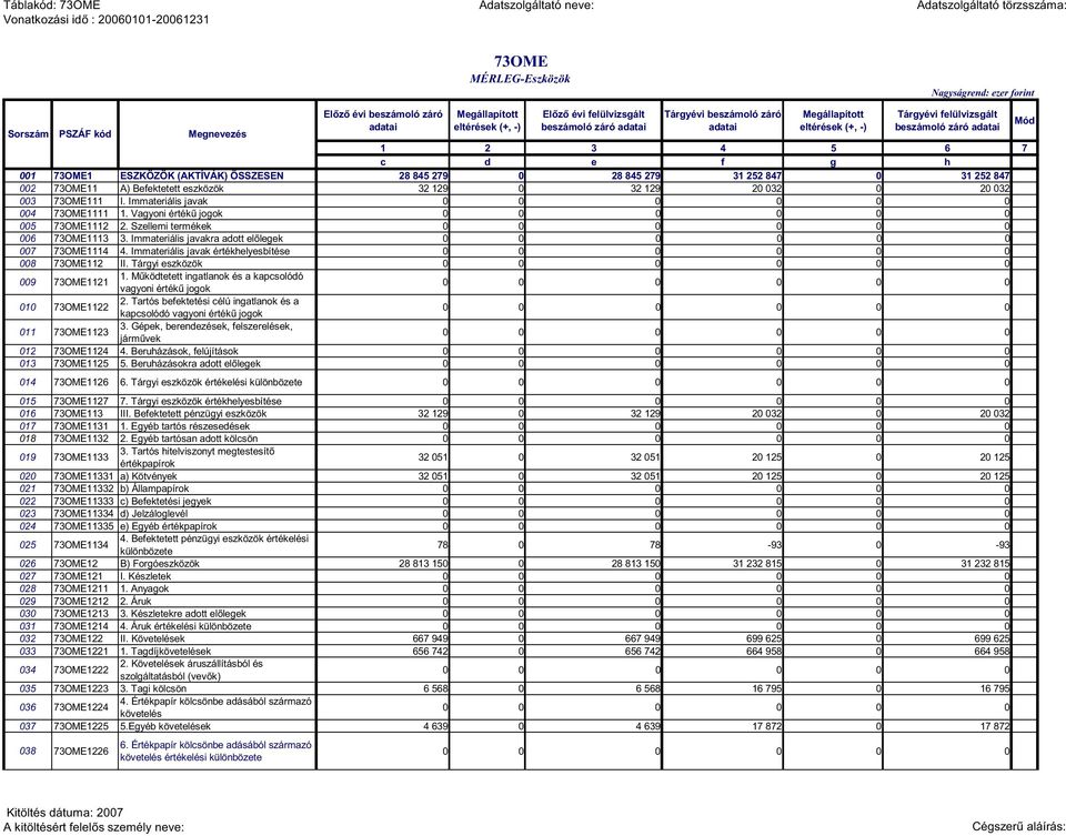 Immateriális javak 004 73OME1111 1. Vagyoni érték jogok 005 73OME1112 2. Szellemi termékek 006 73OME1113 3. Immateriális javakra adott el legek 007 73OME1114 4.