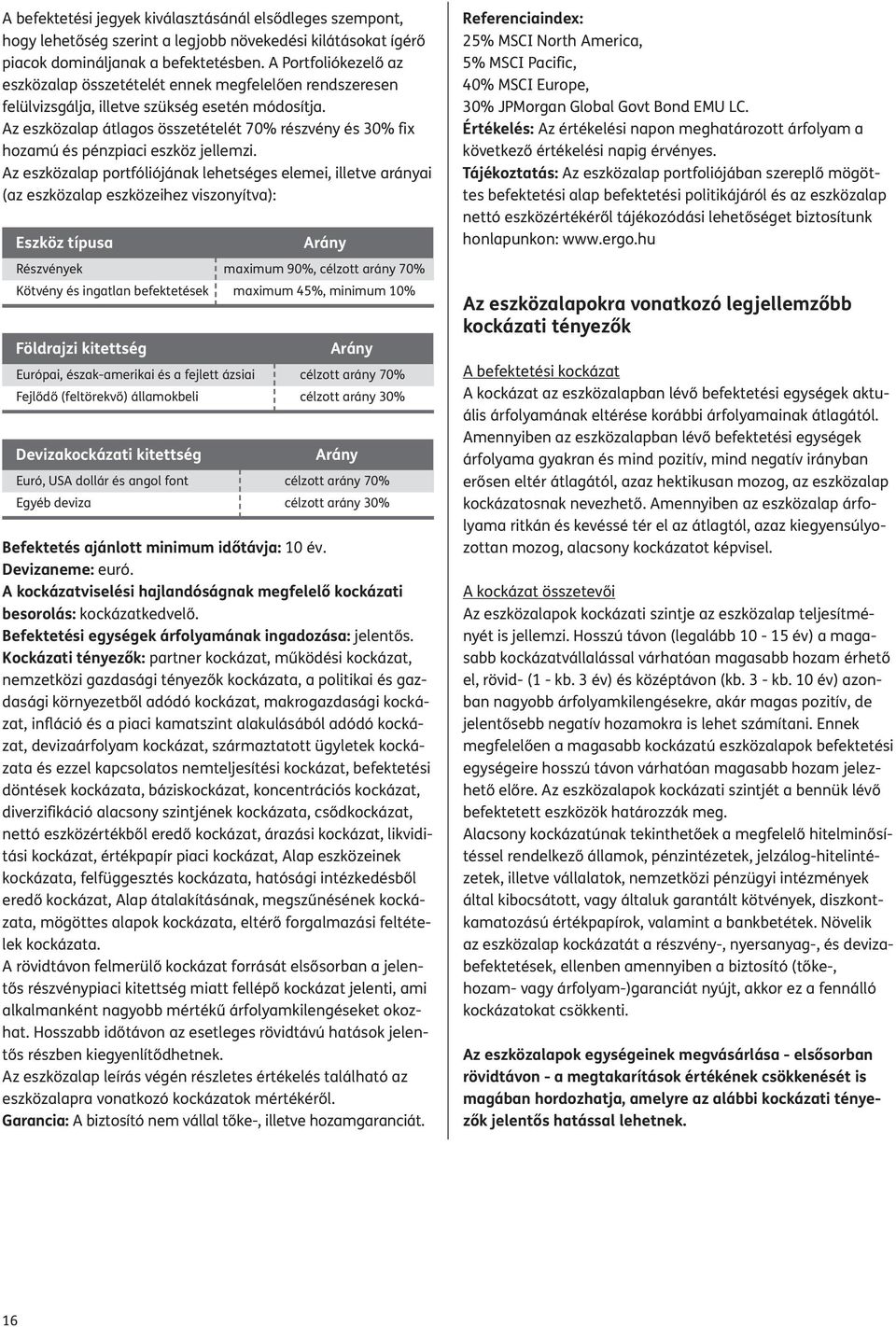 Az eszközalap átlagos összetételét 70% részvény és 0% fix hozamú és pénzpiaci eszköz jellemzi.