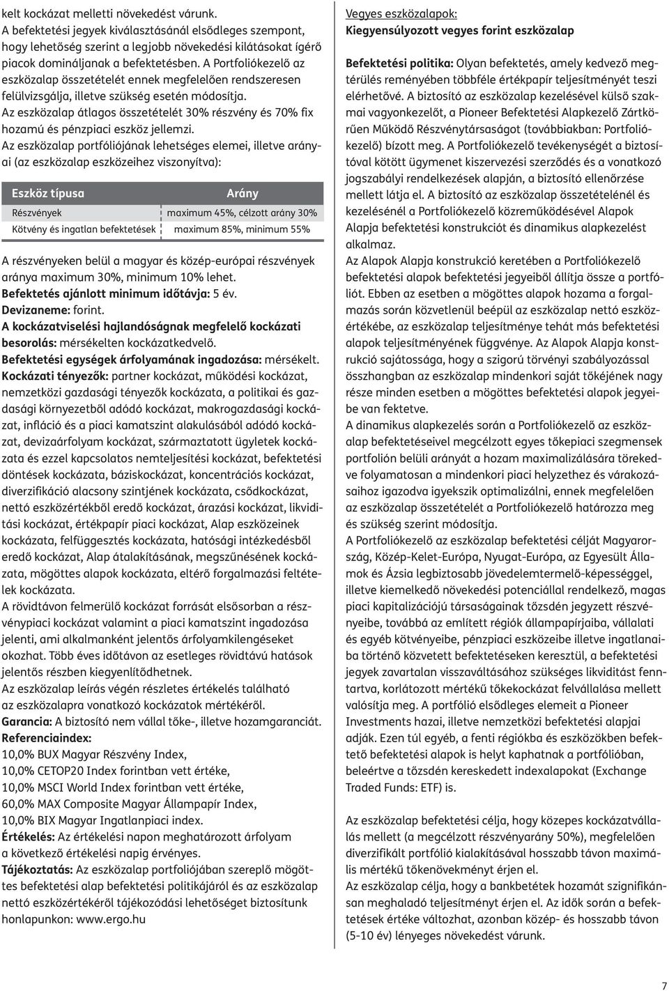 Az eszközalap átlagos összetételét 0% részvény és 70% fix hozamú és pénzpiaci eszköz jellemzi.