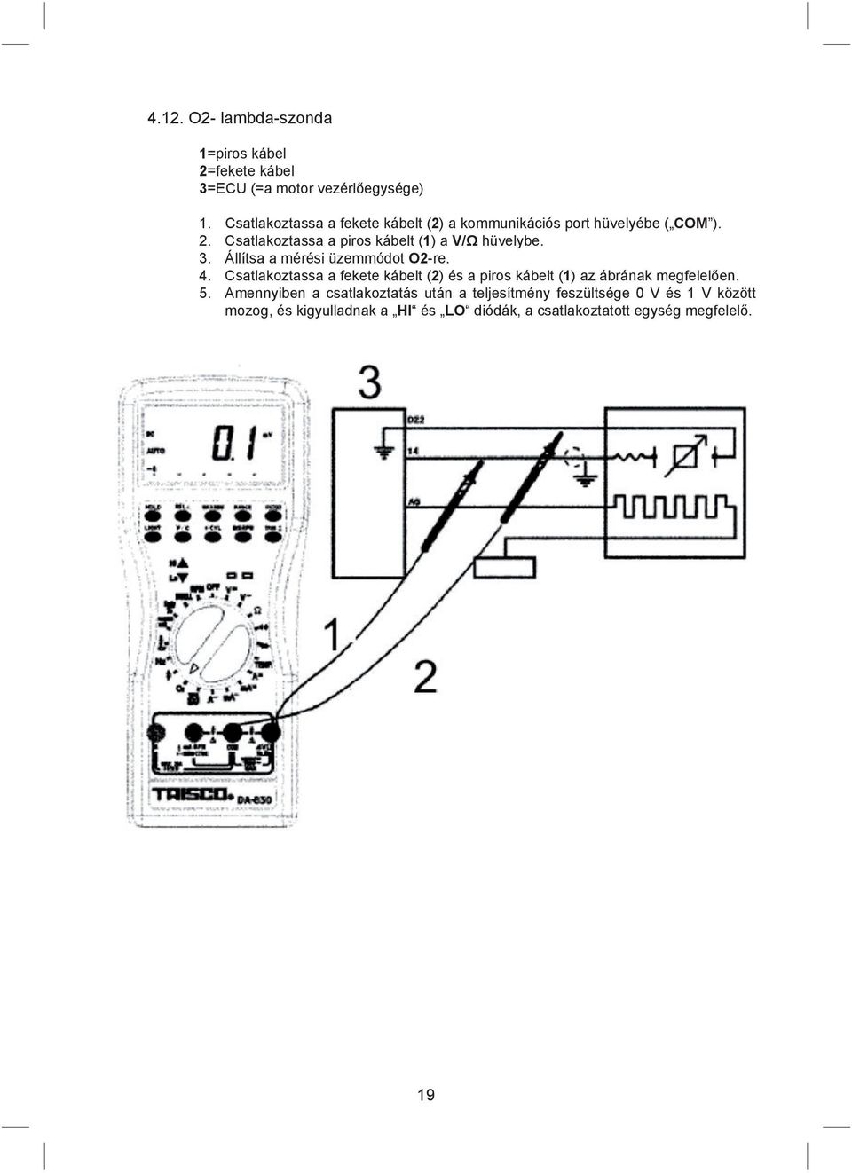 Csatlakoztassa a piros kábelt (1) a V/Ω hüvelybe. 3. Állítsa a mérési üzemmódot O2-re. 4.