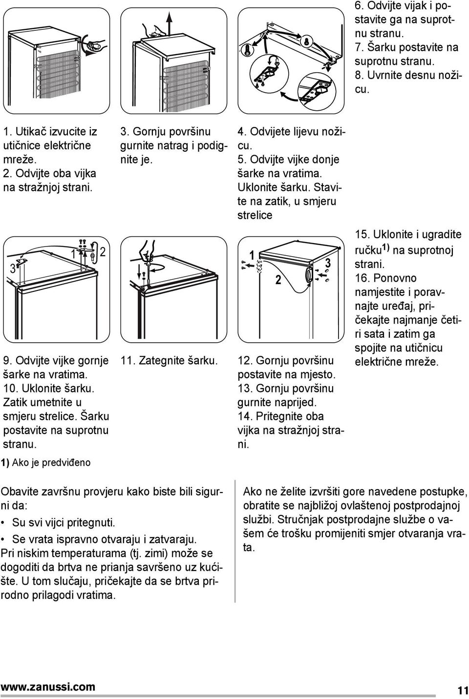 Gornju površinu gurnite natrag i podignite je. 11. Zategnite šarku. 4. Odvijete lijevu nožicu. 5. Odvijte vijke donje šarke na vratima. Uklonite šarku. Stavite na zatik, u smjeru strelice 1 2 3 12.