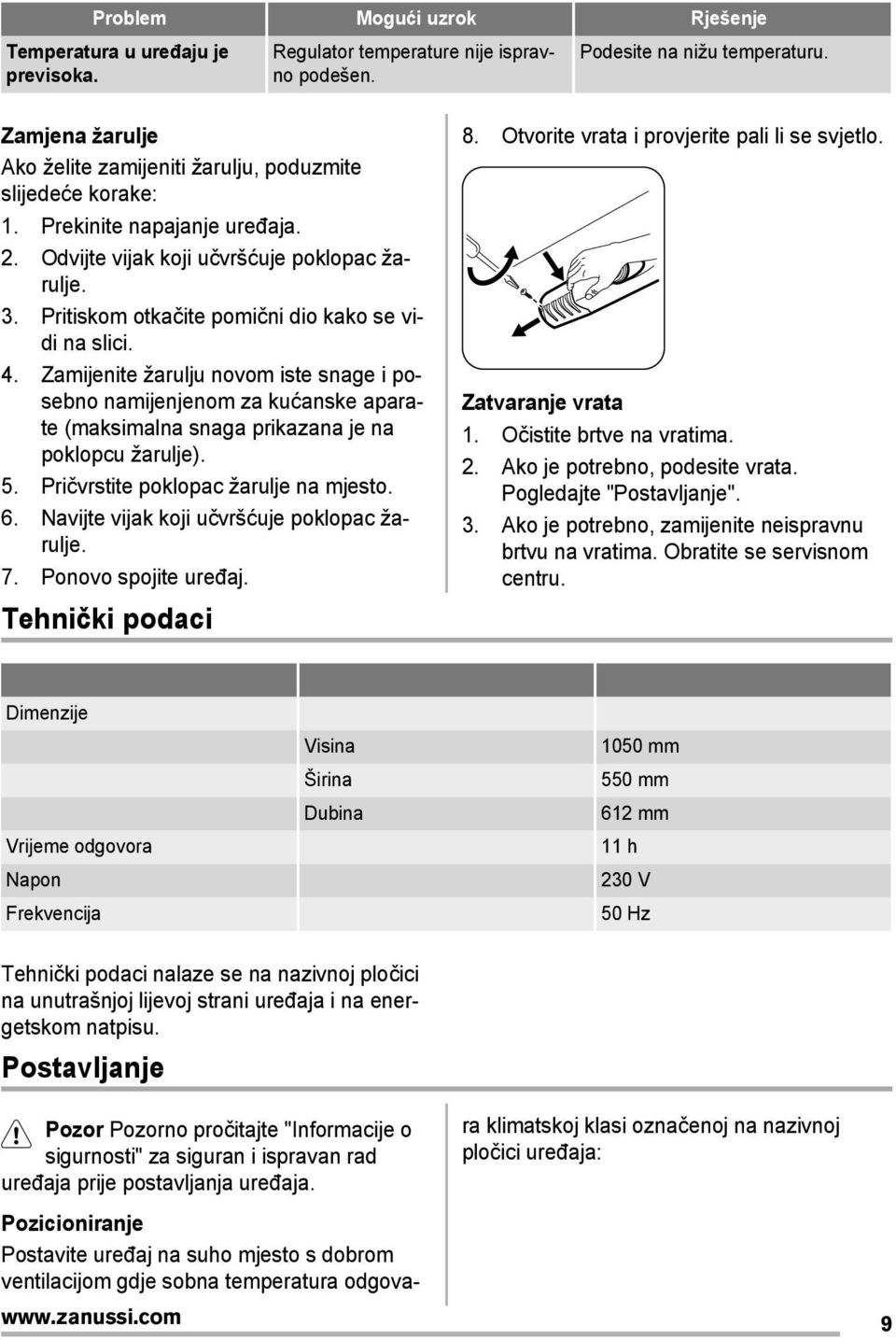 Pritiskom otkačite pomični dio kako se vidi na slici. 4. Zamijenite žarulju novom iste snage i posebno namijenjenom za kućanske aparate (maksimalna snaga prikazana je na poklopcu žarulje). 5.